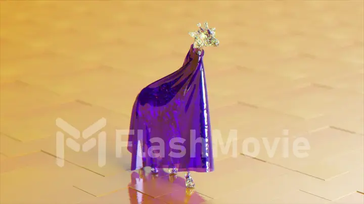 The concept of impersonation. A diamond giraffe in a shiny robe walks on glossy tiles. Yellow purple color.