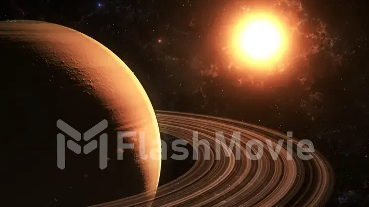 The sun shines on Saturn in space high quality 3d illustration.