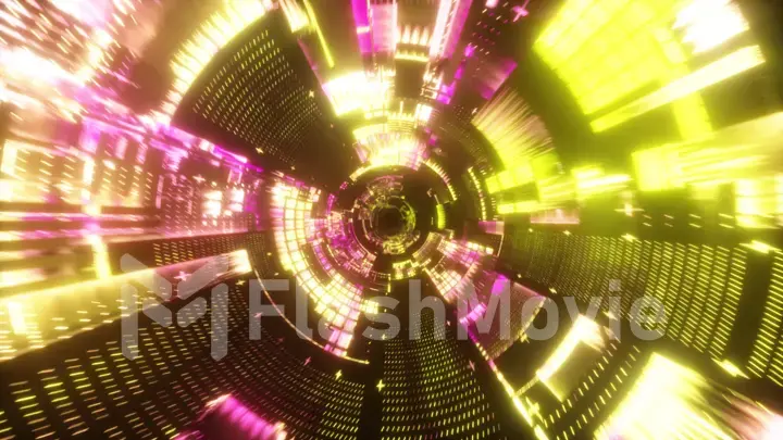 Flying into spaceship tunnel, sci-fi spaceship corridor. Futuristic technology abstract seamless VJ modern ultraviolet neon spectrum. Motion graphic for internet, speed. 3d illustration