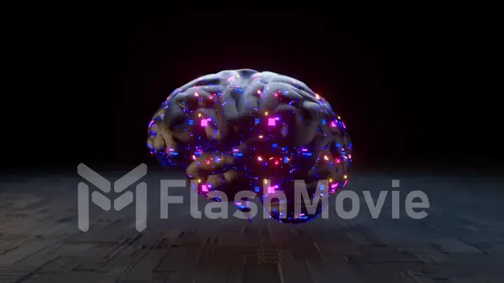 Futuristic concept. A glass brain floats above the surface. Microcircuits. Blue pink neon light. 3d Illustration
