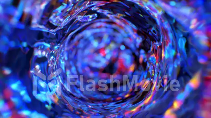 Swirling water funnel in neon lighting. Round water tunnel. Blue color. 3d illustration