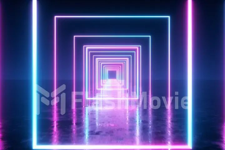 Abstract flight in space through glowing neon squares, fluorescent ultraviolet light. 3d illustration