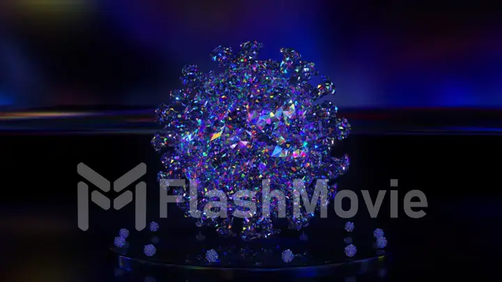 Rotating diamond 3d corona virus. Neon lighting. Glass 3D model. 3d illustration