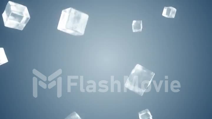 Ice cubes falling on light blue background
