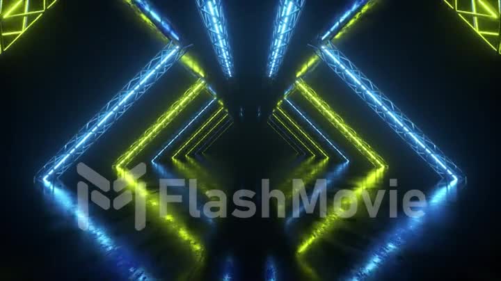 Abstract neon background flying forward through the corridor, glowing green blue lines appear. Seamless loop 3d render