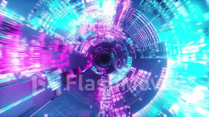 Flying into spaceship tunnel, sci-fi spaceship corridor. Futuristic technology abstract seamless VJ modern ultraviolet neon spectrum. Motion graphic for internet, speed. Seamless loop 3D render