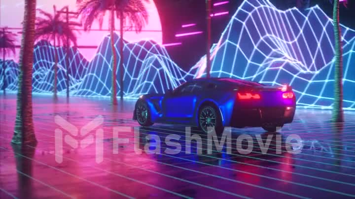 80s retro background 3d animation. Futuristic car drive through neon abstract space. Retrowave seamles loop 3d render.