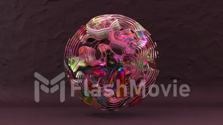 Ball of liquid rainbow substance on an abstract purple pink background. The surface of the ball moves and changes color