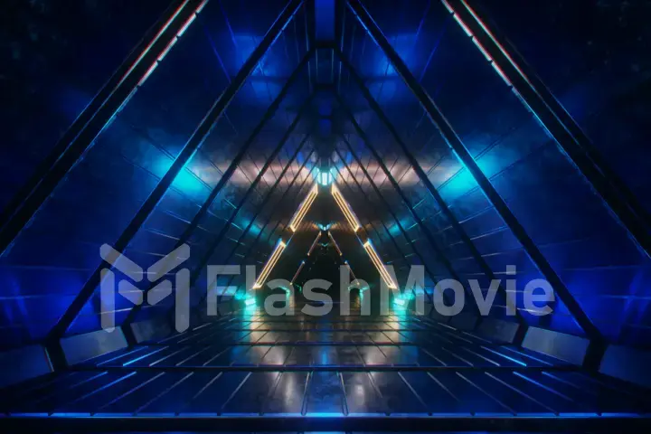 Abstract endless flight in a futuristic geometric metal corridor made of triangles. Modern blue yellow neon lighting. 3d illustration