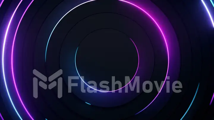 Radial abstract neon background. Laser neon lines move in a circle along a circular dark geometry. Conceptual technology background. Blue purple light spectrum. 3d illustration