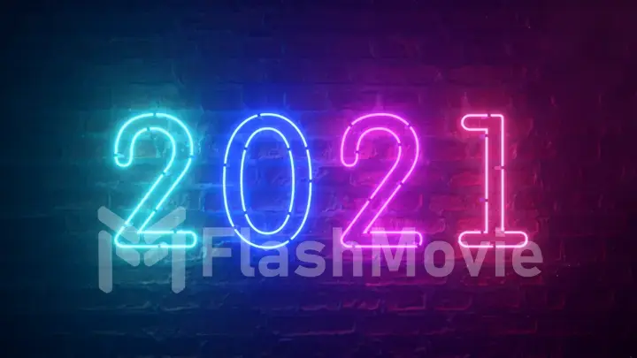 2021 neon sign background new year concept. Happy New Year. Brick background. Modern ultraviolet blue purple neon light. Flicker light. 3d illustration