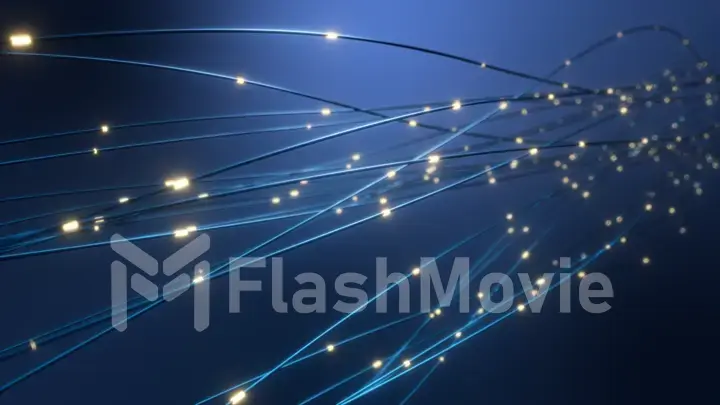 The concept of signal transmission over an optical fiber. The pulses of the signal tend along the wires. 3d illustration