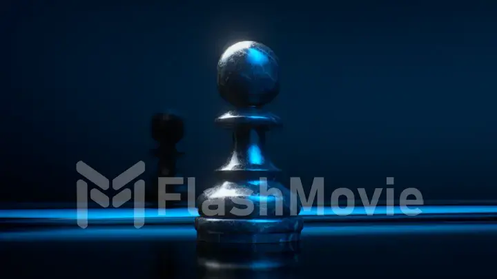 Game concept. Dark marble chess pawn. Blue neon light. 3d illustration