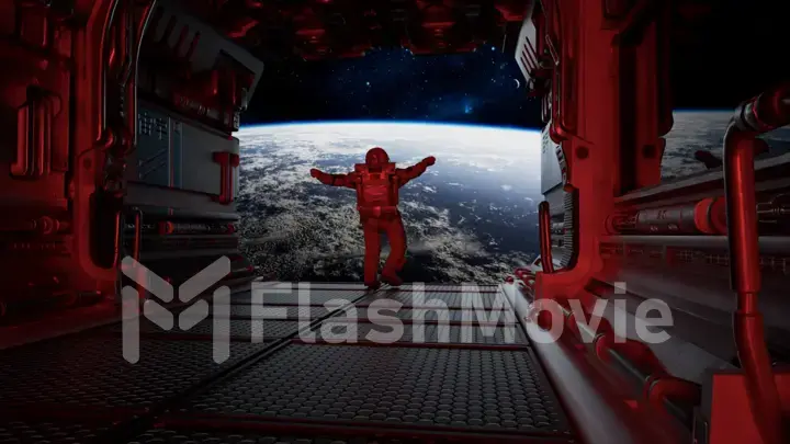 Space concept. Astronaut escape on a spaceship. Opening of the gate with a view of the planet Earth. Red spacesuit