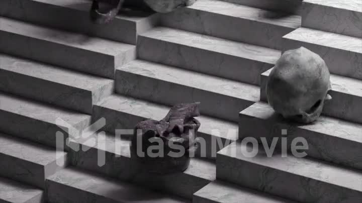 Horror concept. Soft gray and black skulls roll down the stairs. Marble stairs. Close-up. 3d animation