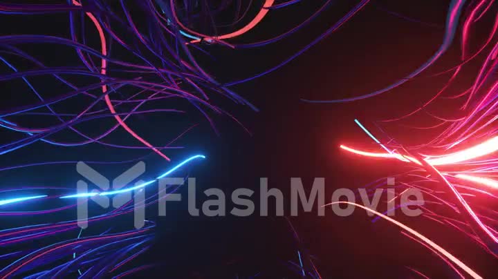Wires move in wave motions on a black background. Flashes of neon light. Red blue color. 3d animation of seamless loop