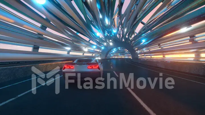 The movement of car on a futuristic bridge with fiber optic. Future technologies concept. Business background. Pleasant natural light. 3d illustration