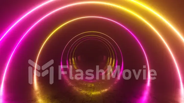 Infinity flight inside tunnel, neon light abstract background, round arcade, portal, rings, circles, virtual reality, ultraviolet spectrum, laser show, metal floor reflection. 3d illustration