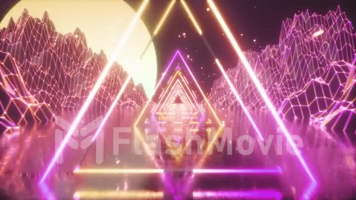 80's Abstract retro futuristic background. Beautiful animation with ultraviolet neon triangle modern lights. Retro wave stylization. Flying in space with particles and sun