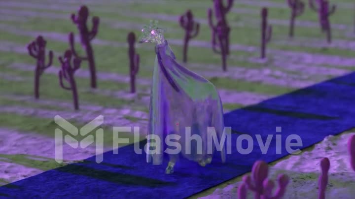 An elegant giraffe walks along the blue carpet. Around the desert and purple cacti. 3d animation of seamless loop