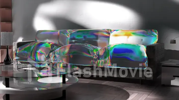 Gray couch transforms into a liquid transparent rainbow substance. Office furniture. Shadow on the white wall.