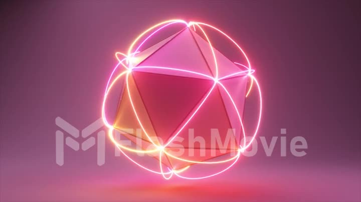 Abstract volumetric polygon with connecting neon lines at the corners. Technological concept. 3d animation of seamless loop