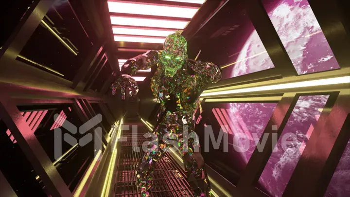 Green purple diamond zombie walks through the neon corridor of the spaceship. Planet Earth in the background.