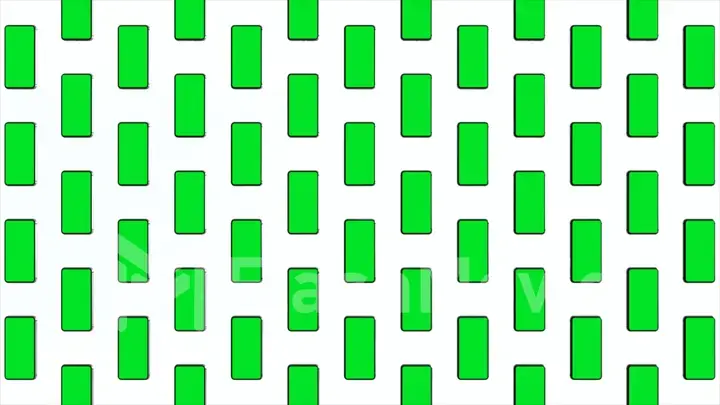 Mobile phones with blank green screen, front view, isolated on white background. A grid of phones moving up and down. 4K animation for presentation on screen layout. 3d illustration