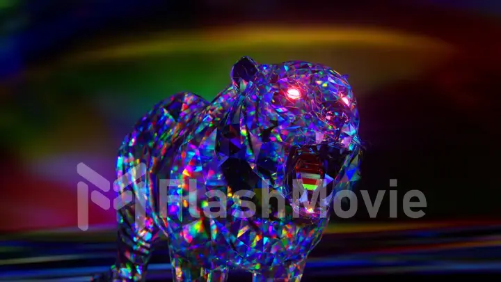 Snarling diamond tiger. Nature and animals concept. Lowpoly. Blue neon color. Symbol of 2022. 3d Illustration