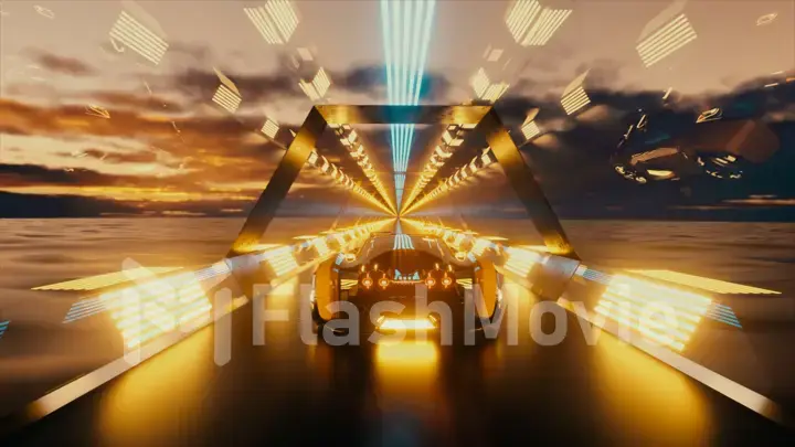 The car rushes at high speed through an endless neon technology tunnel. Futuristic concept. 3d illustration