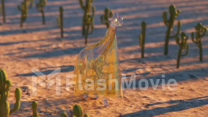 Wildlife and animals concept. Elegant diamond giraffe in transparent clothes walks on the yellow sand. 3d illustration