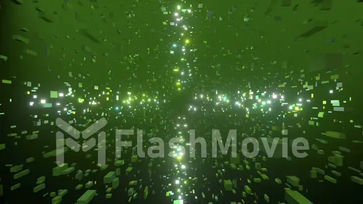 Flying rectangular particles in space reflect neon light. Geometric figures. Abstract background. Green white color.