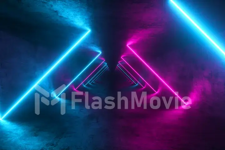 Flying in endless metal tunnel, abstract colorful neon background, ultraviolet light, glowing lines, virtual reality interface, frames, hud, pink blue spectrum, laser rays. 3d illustration