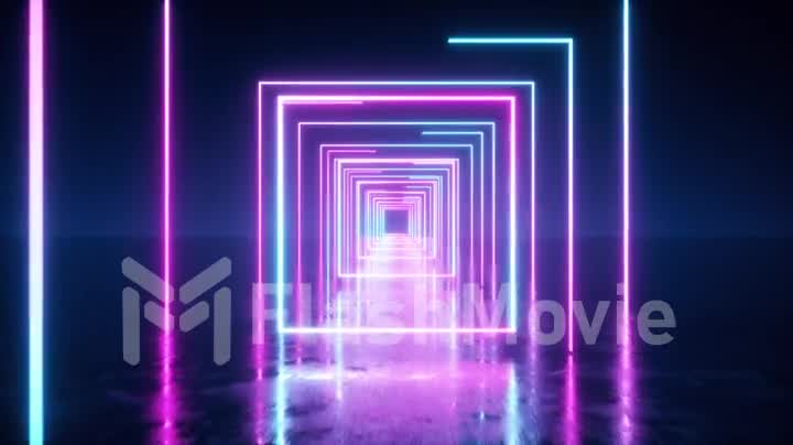 Abstract flight in space through glowing neon squares