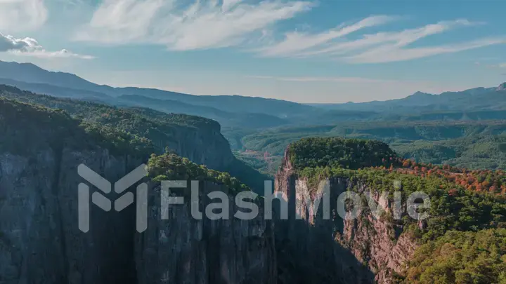 Magic landscape. Mountain gorge. Majestic canyon. Stone rocks and green trees. Aerial drone view. Sunny day