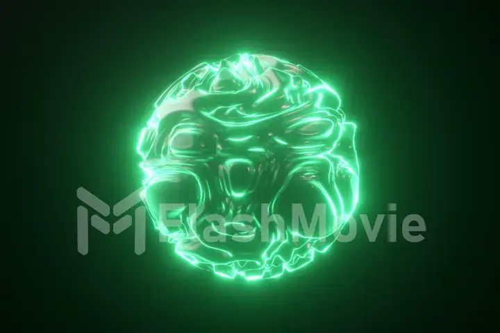 Abstract luminous neon sphere. Abstract background with futuristic green wavy ripples. 3d shape with strobing curly pattern. 3d illustration