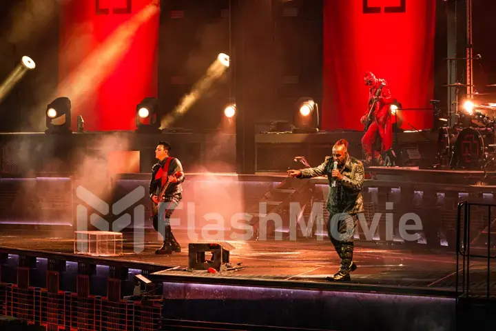 MOSCOW, RUSSIA - JULY 29, 2019: Rammstein group fire concert at Luzhniki Stadium. Crowds of fans gathered at a rock concert of their favorite metal band.