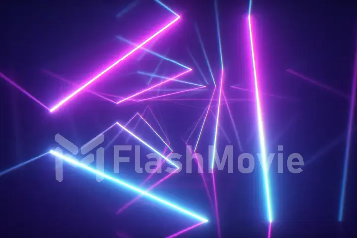 Abstract flying in futuristic corridor with triangles background, fluorescent ultraviolet light, colorful laser neon lines, geometric endless tunnel, blue pink spectrum, 3d illustration