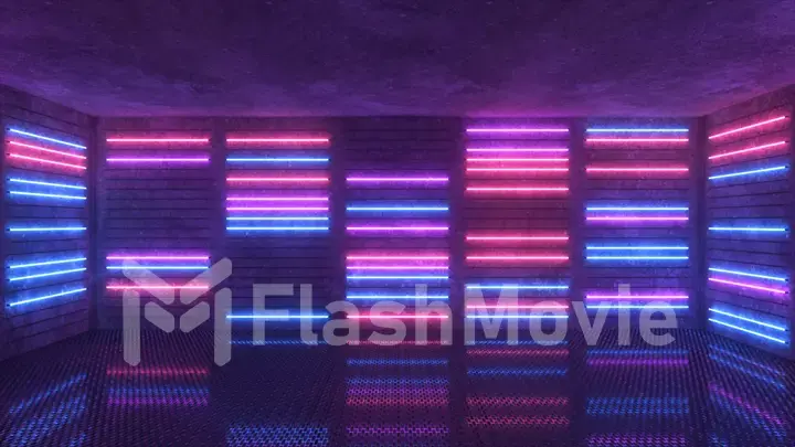 Neon background. Purple and blue neon background appears and disappears. Bright vibrant neon background. Technological space. Room. 3d illustration