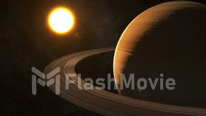 The sun shines on Saturn in space high quality 3d illustration.