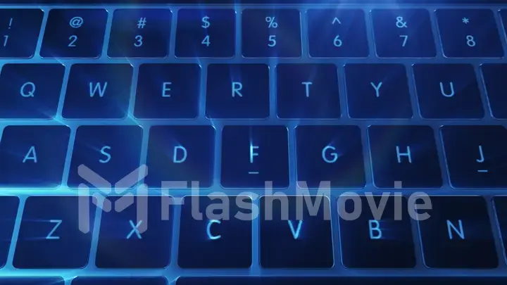 Computer keyboard with blue backlight close up 3d illustration