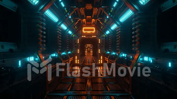 Flying in a spaceship tunnel, a sci-fi shuttle corridor. Futuristic abstract technology. Technology and future concept. Flashing light. 3d illustration