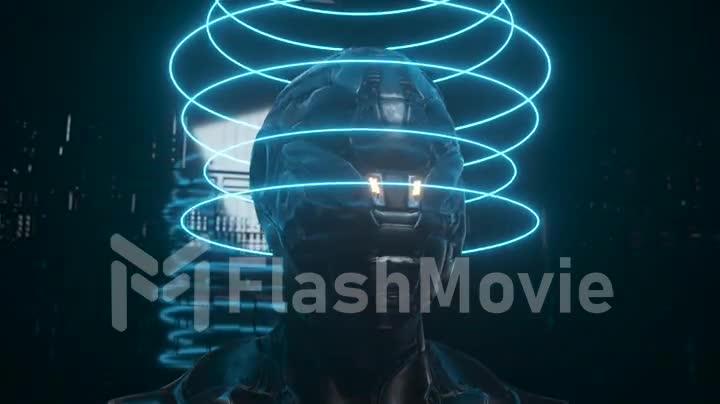 Portrait of a cyborg with neon rings on a technological background. 3d animation