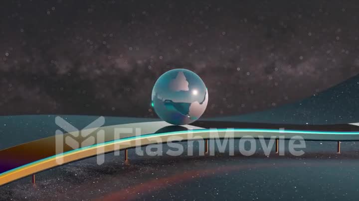 The glass ball of the planet earth smoothly rolls along the wave chrome surface against the background of space, a space concept. 3d Seamless Loop animation