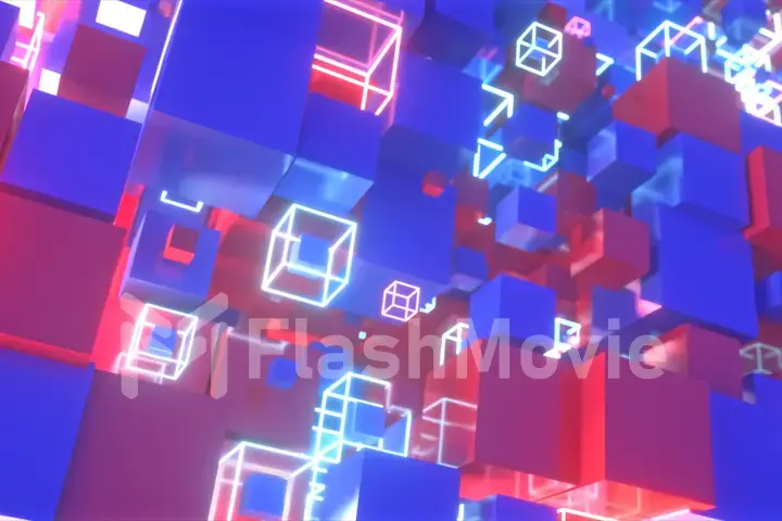 Abstract motion of colorful red and blue cubes with neon glowing cubes. 3d illustration