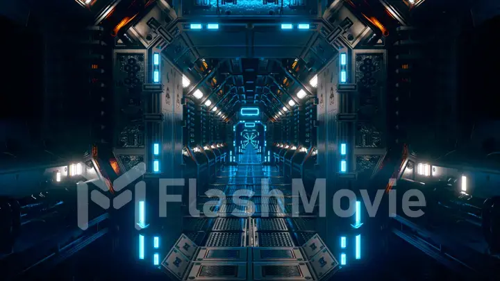 Flying in a spaceship tunnel, a sci-fi shuttle corridor. Futuristic abstract technology. Technology and future concept. Flashing light. 3d illustration