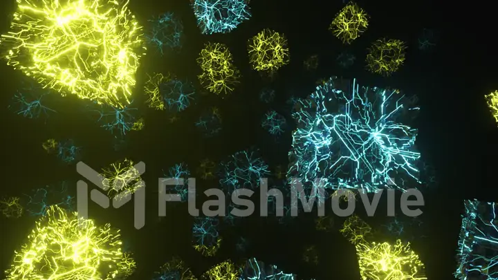 Flying in space with rotating neon cubes. 3d illustration
