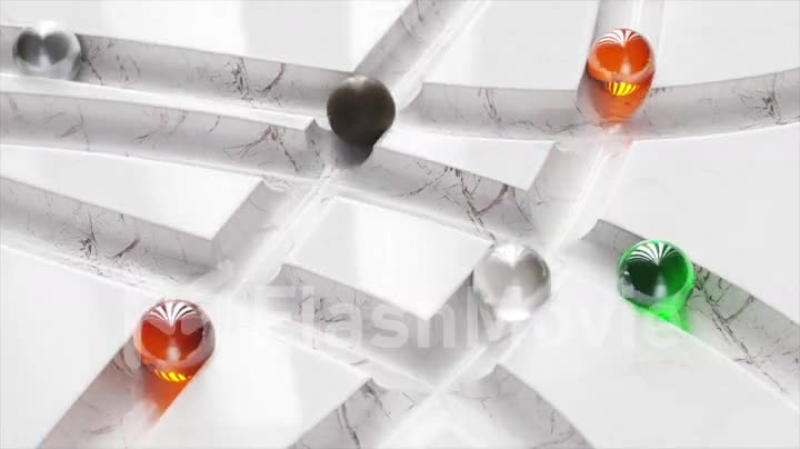 Colored balls roll around the white marble labyrinth. White, orange, green, black sphere. 3d animation of seamless loop