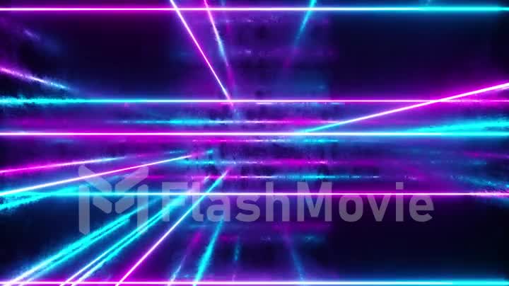Abstract background, moving neon rays, luminous lines inside the metallic scratched room, fluorescent ultraviolet light, blue red pink violet spectrum, loop, seamless loop 3d render