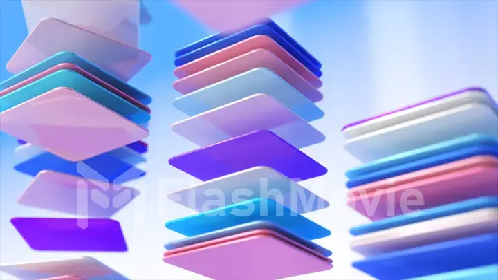 Colored abstract cards are stacked. Glossy flat square objects. Blue color. Abstract background. 3d illustration
